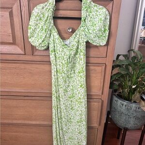 Faithfull the Brand Green and White Floral Puff Sleeve Maxi Dress